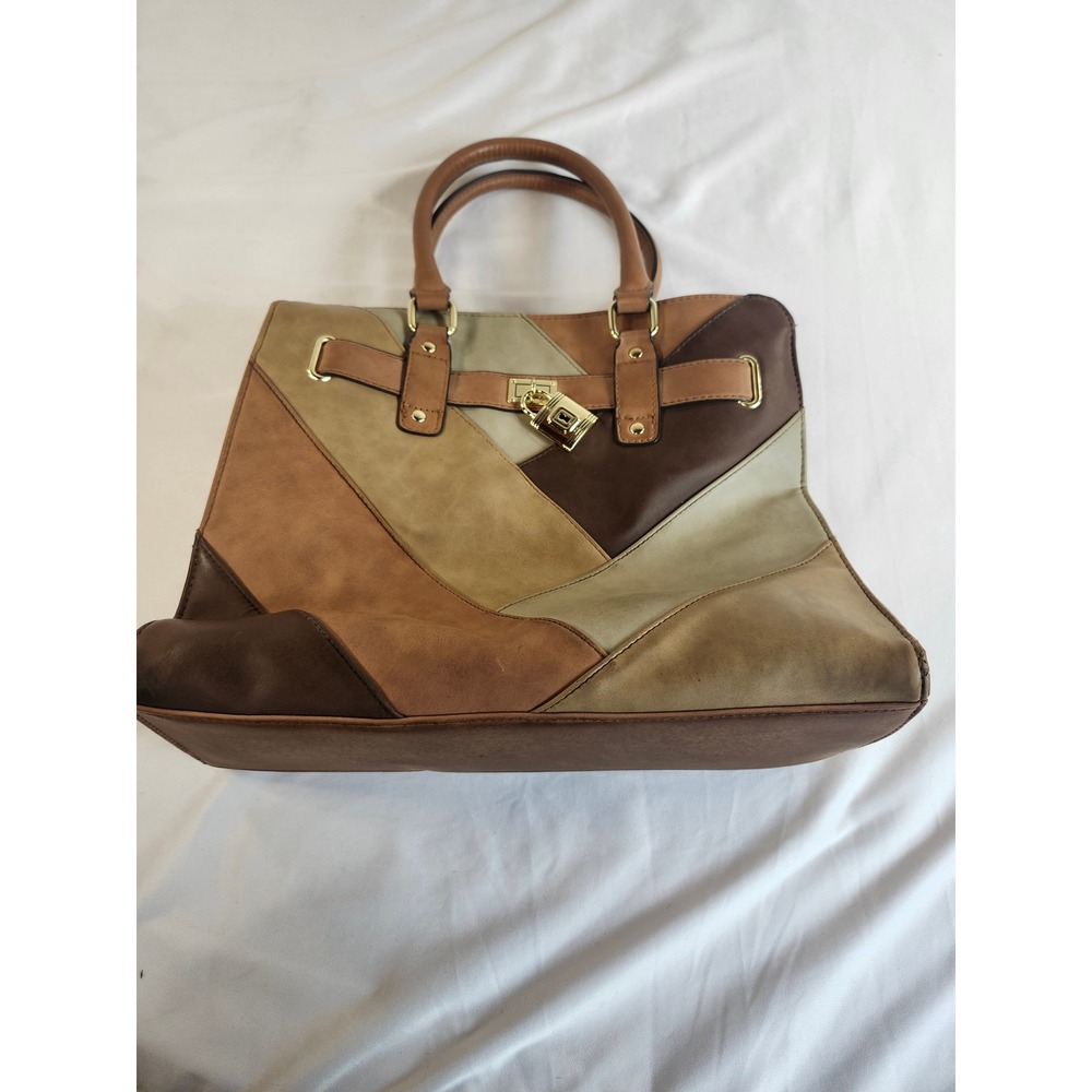 Brown Patchwork Satchel Handbag Gold Padlock Detail RN 108833 Large Tote